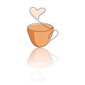 Continuous line cup of hot drink with steam in form of heart, colored in brown, and reflection Royalty Free Stock Photo