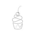 Continuous line cupcake with cherry on top isolated on white background. Vector illustration. Royalty Free Stock Photo