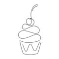 Continuous line cupcake with cherry on top isolated on white background. Vector illustration.