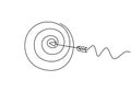 Continuous line drawing of arrow in center of target. One hand drawn goal object of archery business challenge metaphor. Vector