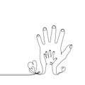 Continuous line drawing of a baby child hand on the parents hand