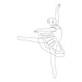 Continuous line drawing of Ballerina doing arabesque. Ballet dancer black line sketch on white background. Vector Royalty Free Stock Photo