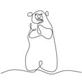 Continuous line drawing of bears. Cute grizzly bear is standing in winter hand drawn minimalism style. Wild mammal animal concept