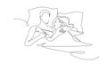 Continuous line drawing. Beautiful couple in sleeping pose on pillows. Vector illustration