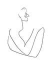 Continuous line, drawing of beauty woman hugging herself with crosed hands. Minimalism style.