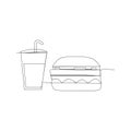 continuous line drawing of big hamburger fast food. isolated sketch drawing of big hamburger fast food line concept. outline thin