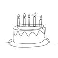 Continuous line drawing of birthday cake with candle. A cake with cream and candles. Birthday party celebration concept. Happy