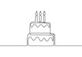 Continuous line drawing of Birthday cake with candle. A cake with cream and candles is drawn with a single line on a white Royalty Free Stock Photo