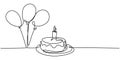 Continuous line drawing of birthday cake. A cake with sweet cream and candle. Celebration birthday party concept isolated on white