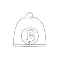 Continuous line drawing, bitcoin under glass dome vector illustration. Safe money concept. Financial insurance.