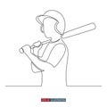 Continuous line drawing of The boy is standing in a helmet and with a baseball bat. Silhouette of a young baseball player. Royalty Free Stock Photo