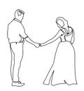 Continuous line drawing of bride and groom dancing at wedding ceremony. Template for your design works. Vector Royalty Free Stock Photo
