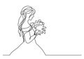 Continuous line drawing of bride holding bouquet