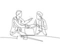 Continuous line drawing of business men handshake his colleague to deal a project. Business meeting at office concept. Single line