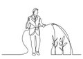 Continuous line drawing of business person - watering plants of financial growth