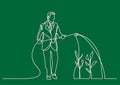 Continuous line drawing of business person - watering plants of financial growth
