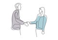 continuous line drawing of business persons shaking hands on mutual agreement