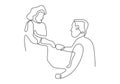 continuous line drawing of business persons shaking hands. Woman and man making mutual decision. Vector minimalism design