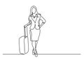 Continuous line drawing of business traveler standing with bag on wheels