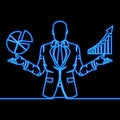 Continuous line drawing businessman analyzes charts, a report of work, trend in a market icon neon glow vector concept