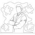 Continuous line drawing businessman solves a puzzle concept