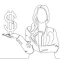 Continuous line drawing businesswoman holding a dollar sign concept