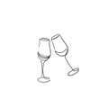 Continuous Line Drawing of Champagne Glasses Black Sketch on White Background. Two Glasses Simple One Line Drawing Royalty Free Stock Photo