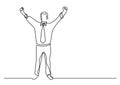 Continuous line drawing of cheering happy businessman