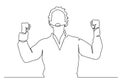 Continuous line drawing of cheering man holding fists. Happy young man celebrating success one line drawing. Vector illustration