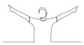 Continuous line drawing of cheering man holding fists. Man Silhouette Excited Hold Hands Up Raised Arms, Full Length Concept