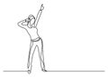 Continuous line drawing of cheering woman enjoying music in headphones