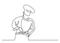 Continuous line drawing of chef cooking gourmet meal