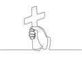 Continuous line drawing Christianity. Hand with Christian cross symbol. Contour one hand drawn sketch minimalism