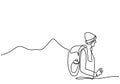 Continuous line drawing of climber on mountain. A backpacker man takes a vacation to the hill to camp. Character male in climber