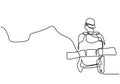 Continuous line drawing of climber on mountain. A backpacker man takes a vacation to the hill to camp. Character male in climber