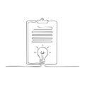 Continuous Line Drawing of Clipboard with Idea Bulb Illustration on Document, Creativity Concept Royalty Free Stock Photo
