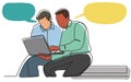 Continuous line drawing of two men discussing work task on laptop computer Royalty Free Stock Photo