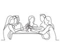 Continuous line drawing of company of friends dining in restaurant