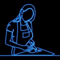 Continuous line drawing Cooking woman. A girl cooks in the kitchen icon neon glow vector illustration concept