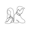 Continuous line drawing of couple in conflict. Girl and man no looking each other feeling desperate. Relationship problems Royalty Free Stock Photo