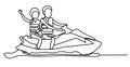 Continuous line drawing. Couple on hydrocycle. Cartoon character. Happiness in the Everyday. Vector monochrome, drawing