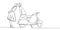Continuous line drawing of a couple kiss with retro scooter motor bike. Vintage creative minimalist concept of romance