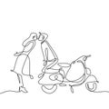 Continuous line drawing of a couple kiss with retro scooter motor bike. Vintage creative minimalist concept of romance isolated on Royalty Free Stock Photo