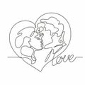 Continuous line drawing - a couple of kisses. Loving man and woman. Heart. Love. Valentine card . Vector.