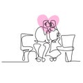 Continuous line drawing of couples hugging each other. Loving man and woman sitting facing each other holding hands black linear Royalty Free Stock Photo