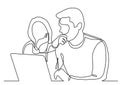 Continuous line drawing of coworkers watching laptop computer together