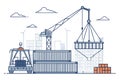 Continuous line drawing of a crane lifting a container in an industrial urban setting with cityscape and storage area visible Royalty Free Stock Photo