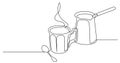 Continuous line drawing of cup of hot coffee and traditional turkish jezva