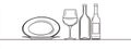 A continuous line drawing depicting a dinner scene with a plate, fork, knife, wine glass, and bottle. Royalty Free Stock Photo