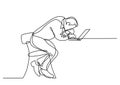 Continuous line drawing of depressed businessman sitting bihind laptop computer